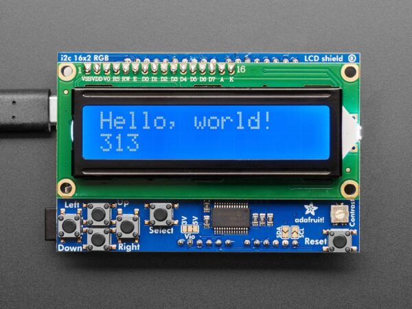 772-06.jpg LCD Shield Kit w/ 16x2 Character Display - Only 2 pins used! - BLUE AND WHITE